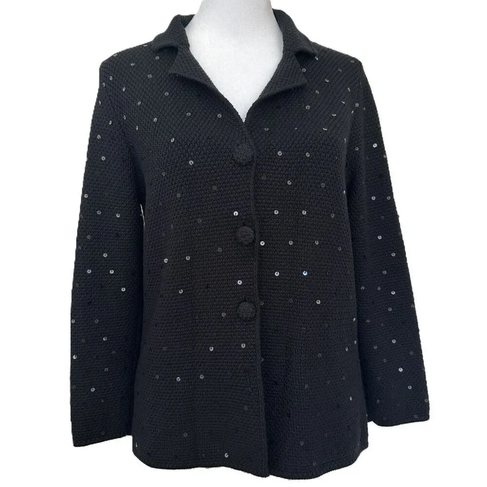 Kate Hill Knit Sequin Blazer Size S Black Silk Blend Y2K Jacket Evening Formal